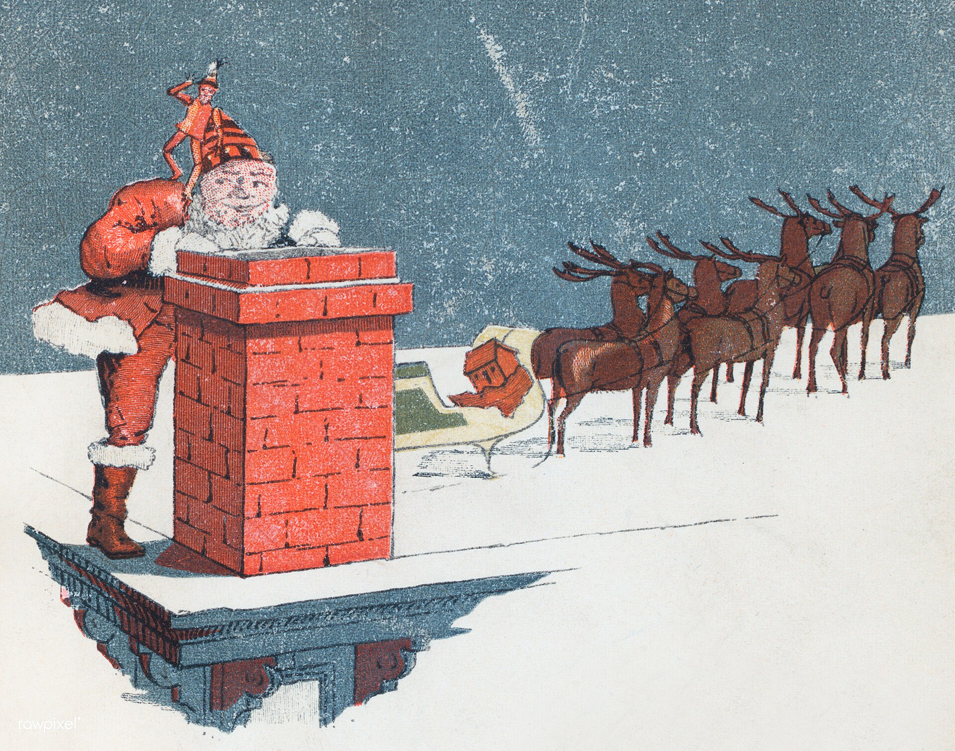 Weihnachtsmann mit Rentierschlitten auf einem Schornstein im Winterwald, Weihnachtskarte um 1900